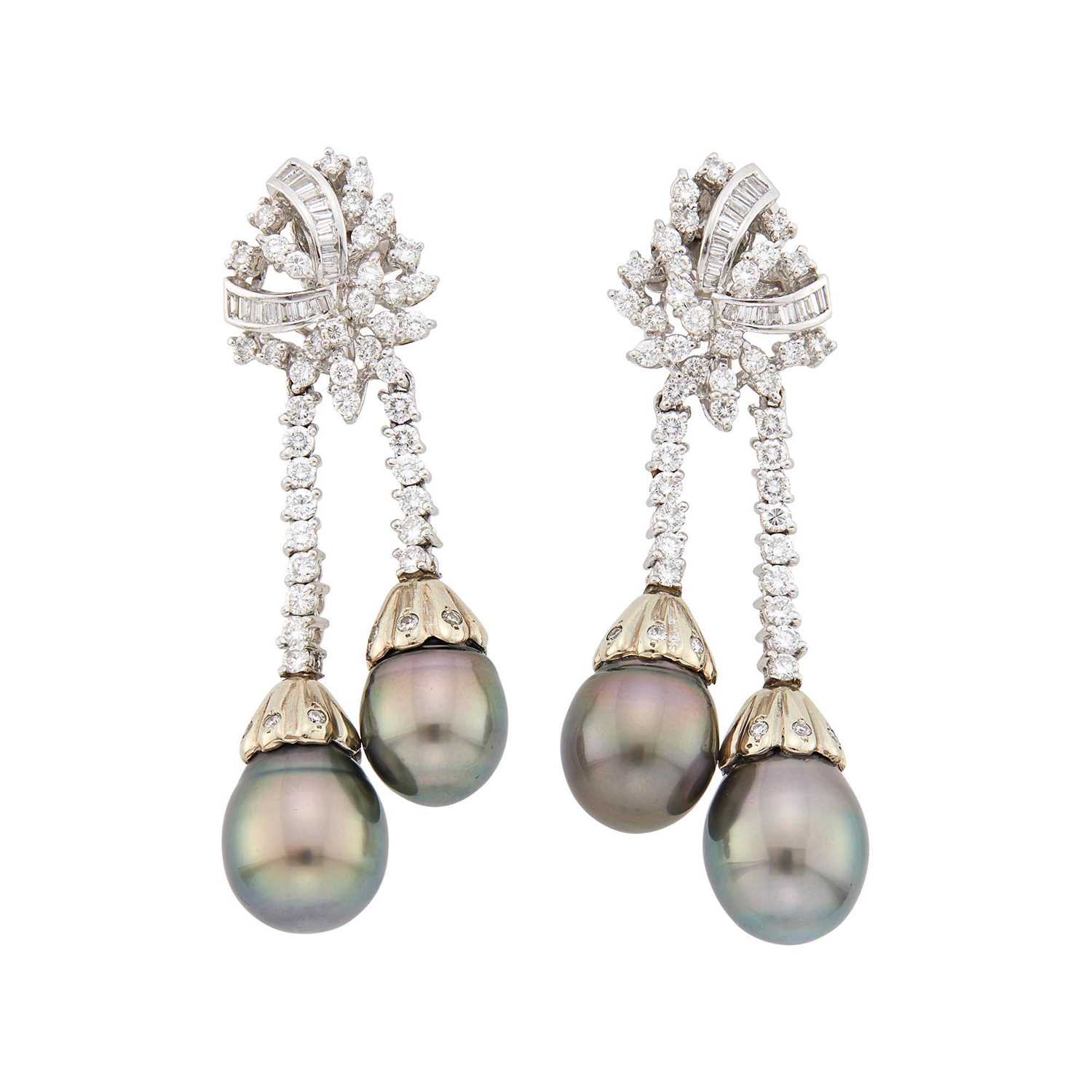 Lot 1045 - Pair of Platinum, Tahitian Gray Cultured Pearl and Diamond Pendant-Earclips