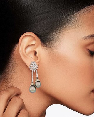 Lot 1045 - Pair of Platinum, Tahitian Gray Cultured Pearl and Diamond Pendant-Earclips