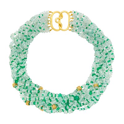 Lot 29 - Verdura Multistrand Aquamarine and Emerald Bead, Gold and Diamond Torsade Necklace