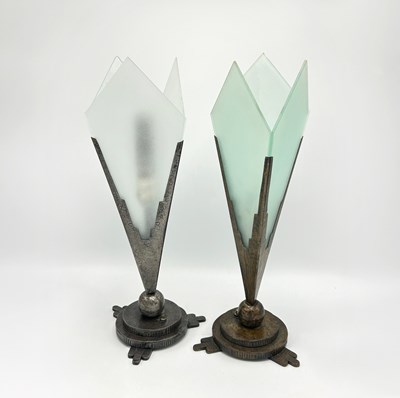 Lot 1095 - Two John Salterini Wrought Iron and Frosted Glass Table Lamps