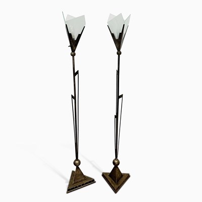 Lot 1096 - Pair of John Salterini Wrought Iron and Frosted Glass Torchieres