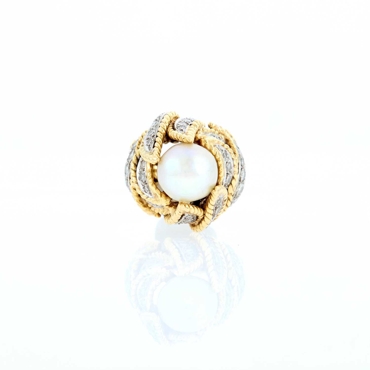 Lot 2004 - Two-Color Gold, Cultured Pearl and Diamond Ring
