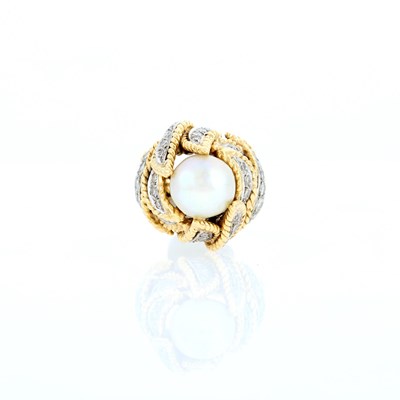 Lot 2004 - Two-Color Gold, Cultured Pearl and Diamond Ring