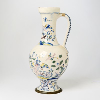 Lot 250 - South German Pewter Mounted Polychrome Faience Ewer