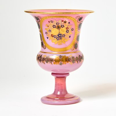 Lot 382 - Restauration Gilt and Polychrome Decorated Pink Opaline Gorge-de Pigeon Médicis Vase