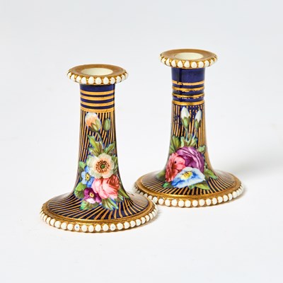 Lot 477 - Pair of Spode Gilt and Polychrome Blue Ground Miniature Candlesticks
