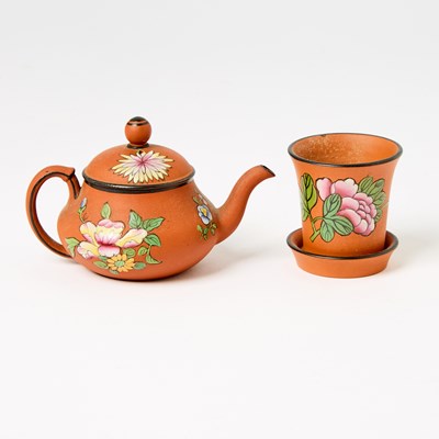Lot 479 - Wedgwood Miniature Polychrome Enameled Rosso Antico (Redware) Teapot with Cover and Stand