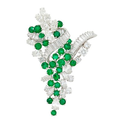 Lot 185 - Oscar Heyman & Brothers Platinum, Diamond and Emerald Brooch