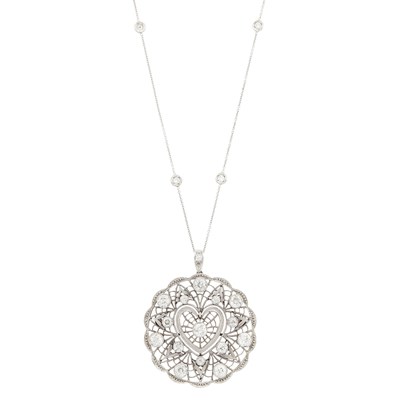 Lot 1056 - Edwardian Platinum and Diamond Heart Pendant-Brooch with White Gold and Diamond Chain Necklace