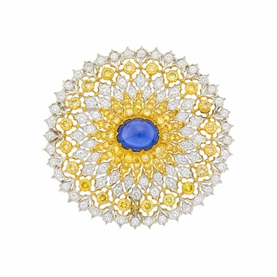 Lot 172 - Buccellati Two-Color Gold, Cabochon Sapphire, Diamond and Colored Diamond 'Snowflake' Brooch