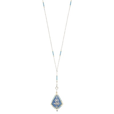 Lot 1052 - C.H. Meylan Belle Epoque Platinum, Gold, Guilloché Blue Enamel and Diamond Pendant-Watch Necklace
