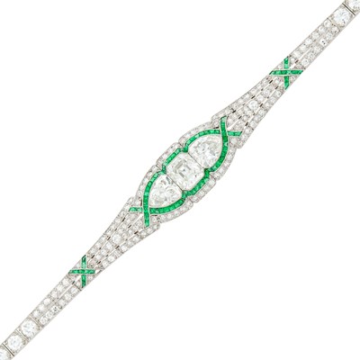 Lot 196 - Platinum, Diamond and Emerald Bracelet