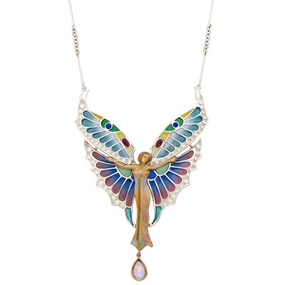 Lot 1083 - White Gold, Plique-à-Jour Enamel, Diamond and Opal 'Mariposa' Pendant-Brooch with Chain Necklace