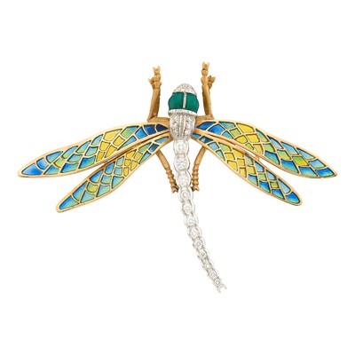 Lot 1032 - White Gold, Plique-à-Jour Enamel, Enamel and Diamond Dragonfly Brooch