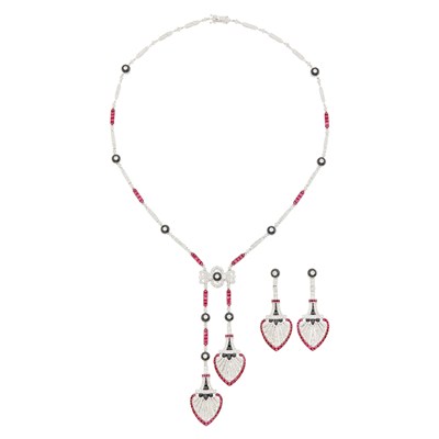 Lot 1077 - White Gold, Diamond, Ruby and Black Onyx Pendant-Necklace and Pair of Pendant-Earclips