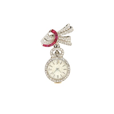 Lot 1060 - Platinum, Diamond and Ruby Pendant Watch