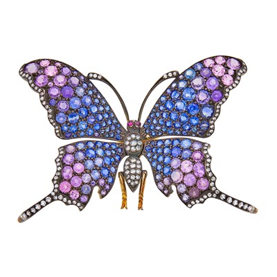 Lot 1044 - Two-Color Gold, Multicolored Sapphire and Diamond Butterfly Brooch
