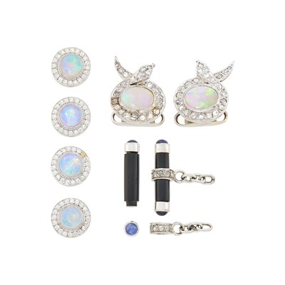 Lot 1075 - Pair of White Gold, Opal and Diamond Cufflinks and Tiffany & Co. Four Opal and Diamond Studs