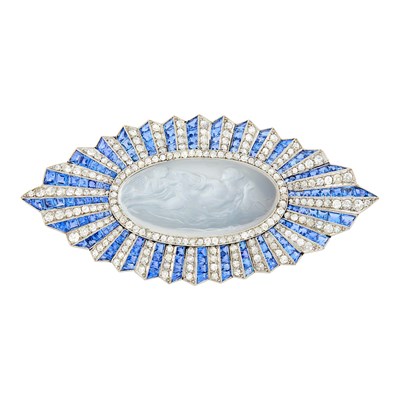 Lot 207 - Paul Brandt Platinum, Moonstone Cameo, Sapphire and Diamond Pendant-Brooch