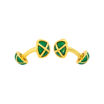 Lot 1091 - Tiffany & Co. Pair of Gold and Green Enamel Dome Cufflinks