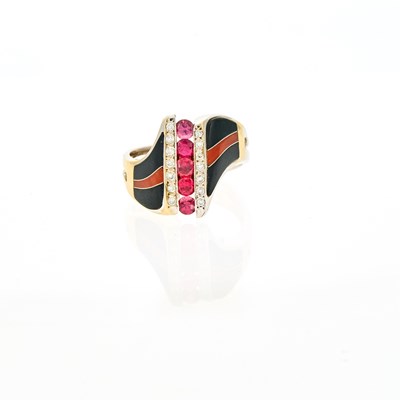 Lot 2045 - White Gold, Synthetic Ruby, Diamond, Black Onyx and Spiny Oyster Ring