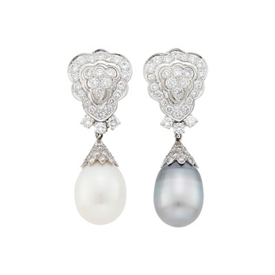 Lot 84 - Pair of Platinum, Diamond and South Sea and Tahitian Gray Cultured Pearl Pendant-Earclips