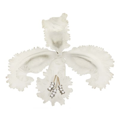 Lot 1071 - White Gold, Carved Frosted Rock Crystal and Diamond Orchid Brooch