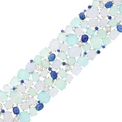Lot 1035 - Wide White Gold, Bi-Color Chalcedony, Sapphire and Diamond Bracelet