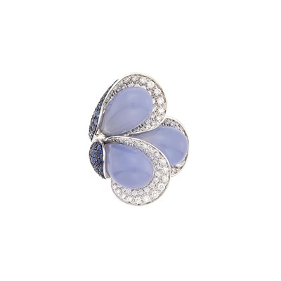 Lot 1036 - Two-Color Gold, Blue Chalcedony, Sapphire and Diamond Ring