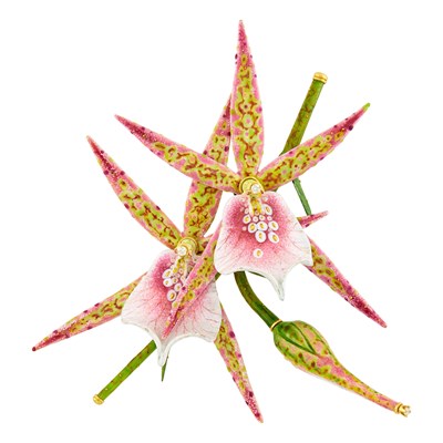 Lot 168 - David C. Freda for Tiffany & Co. Gold, Enamel and Diamond 'Spider' Orchid Clip-Brooch
