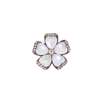 Lot 1049 - Antique Silver, Low Karat Rose Gold, Moonstone and Diamond Flower Brooch