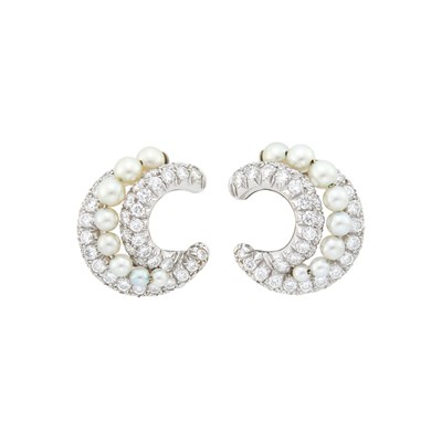 Lot 80 - Van Cleef & Arpels Pair of Platinum, Diamond and Cultured Pearl Earclips