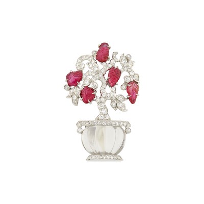 Lot 1118 - Platinum, Carved Rock Crystal, Carved Ruby and Diamond Potted Tree Brooch