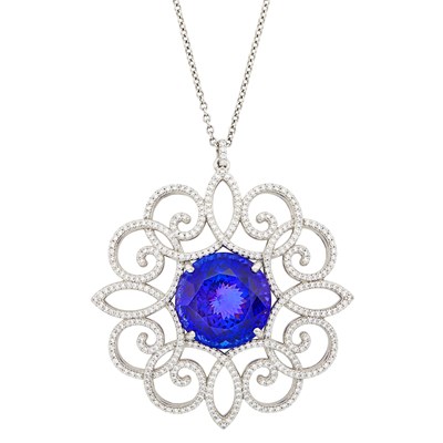 Lot 71 - Tiffany & Co. Platinum, Tanzanite and Diamond 'Legacy Collection' Pendant with Chain Necklace