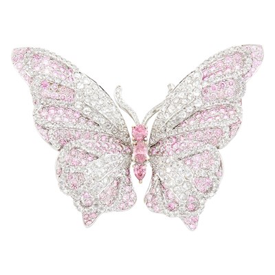 Lot 67 - White Gold, Fancy Intense Pink Diamond, Diamond and Pink Diamond 'En Tremblant' Butterfly Brooch