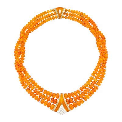 Lot 120 - Henn of London Triple Strand Spessartite Garnet Bead, Two-Color Gold, Orange Enamel and Diamond Necklace