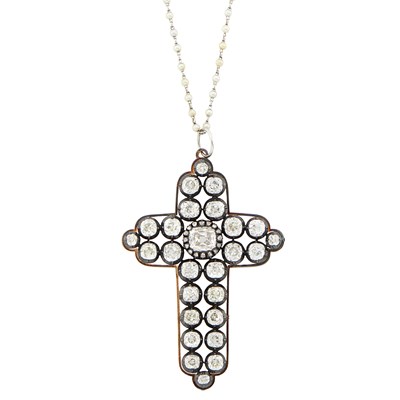 Lot 1047 - Silver, Gold and Diamond Cross Pendant with Platinum and Seed Pearl Chain Necklace