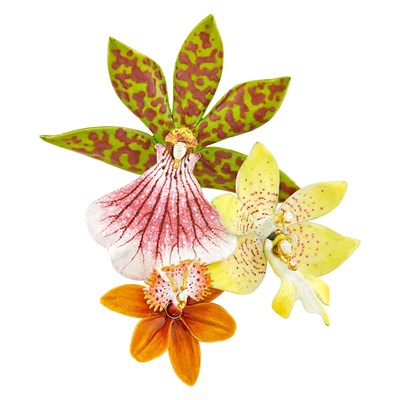 Lot 169 - David C. Freda for Tiffany & Co. Gold, Enamel and Diamond 'The Three Tenors' Orchid Clip-Brooch