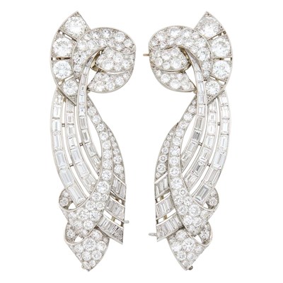 Lot 188 - Pair of Platinum and Diamond Clip-Brooches, France