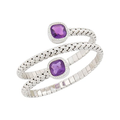 Lot 1086 - Gemlok White Gold, Cabochon Amethyst and Diamond Coiled Bracelet