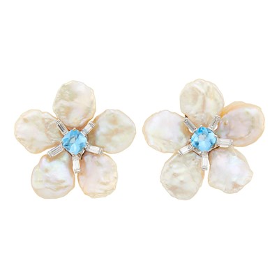 Lot 1039 - Gemlok Pair of White Gold, Blue Topaz, Freshwater Pearl and Diamond Flower Earclips