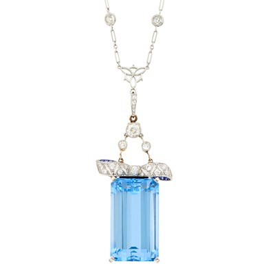 Lot 213 - Platinum, Gold, Aquamarine and Diamond Pendant with Platinum and Diamond Chain Necklace