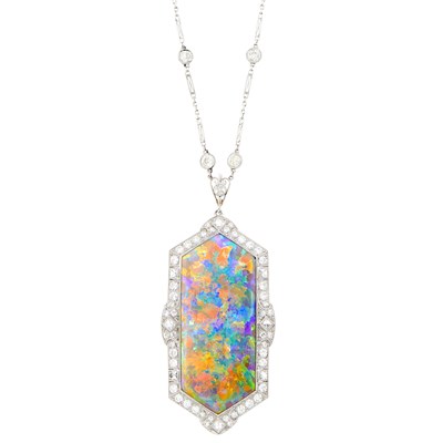 Lot 200 - J.E. Caldwell & Co. Platinum, Black Opal and Diamond Pendant-Brooch with Platinum and Diamond Chain Necklace
