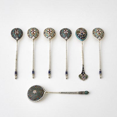 Lot 212 - Group of Seven Russian Silver and Cloisonné Enamel Spoons
