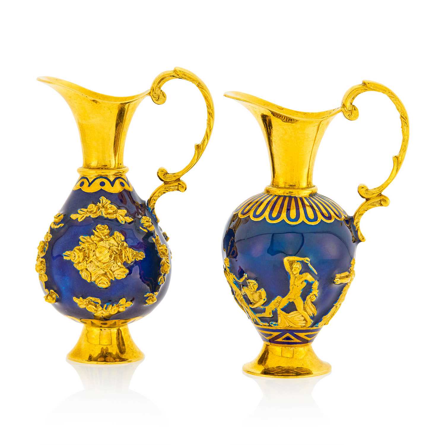 Lot 1077 - Pair of Gold and Blue Enamel Miniature Urn Pitchers