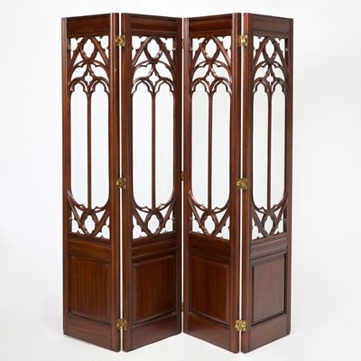 Lot 191 - Maitland Smith Gothic Revival Carved Mahogany and Glass Four-Panel Screen