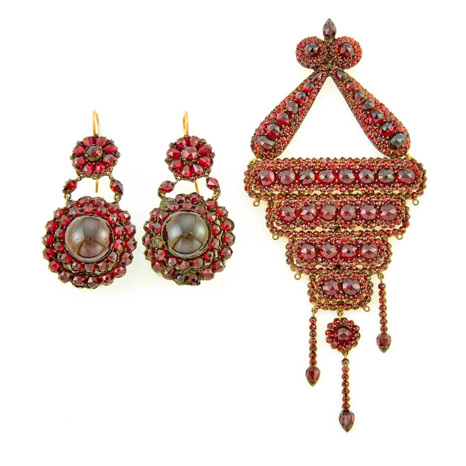 Lot 2154 - Antique Pair of Garnet Pendant-Earrings and Pendant