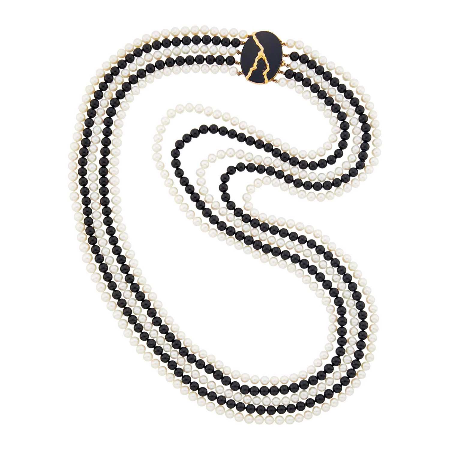 Lot 2186 - Long Five Strand Freshwater Pearl and Black Onyx Bead Necklace with Gold and Black Onyx Clasp