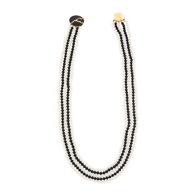 Lot 2186 - Long Five Strand Freshwater Pearl and Black Onyx Bead Necklace with Gold and Black Onyx Clasp