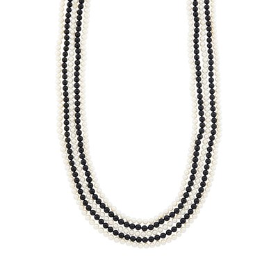 Lot 2186 - Long Five Strand Freshwater Pearl and Black Onyx Bead Necklace with Gold and Black Onyx Clasp